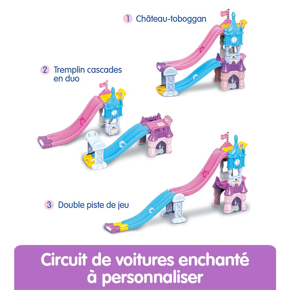 VTech - Tut Tut Bolides Disney Princesses, Le Château-Toboggan Enchanté avec Carrosse de Mariage de Cendrillon, Circuit Voitures, 2 Zones Magiques, Cadeau Enfant de 1 an à 5 Ans - Contenu en Français