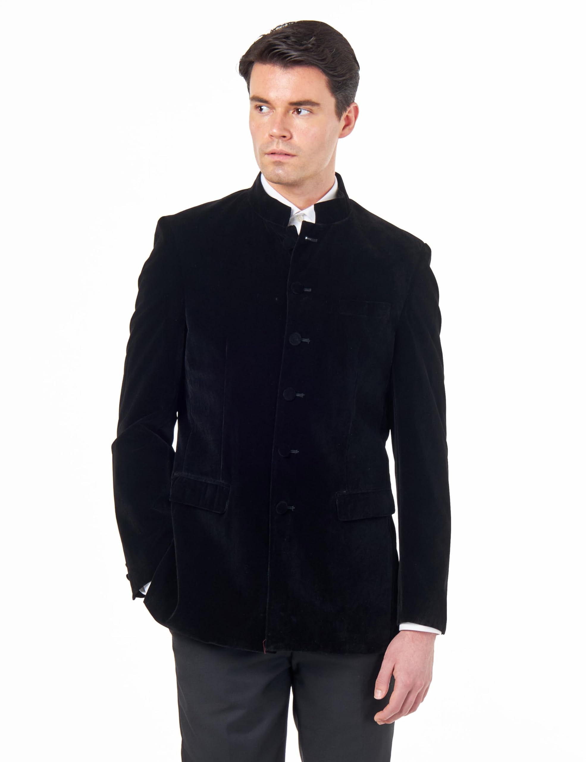 Men’s Black Velvet Smoking Nehru Jacket Classic Chinese Grandad Collar Wedding Party Blazer [BLZ-HARSHIL-Black, UK/US 54 EU 64]