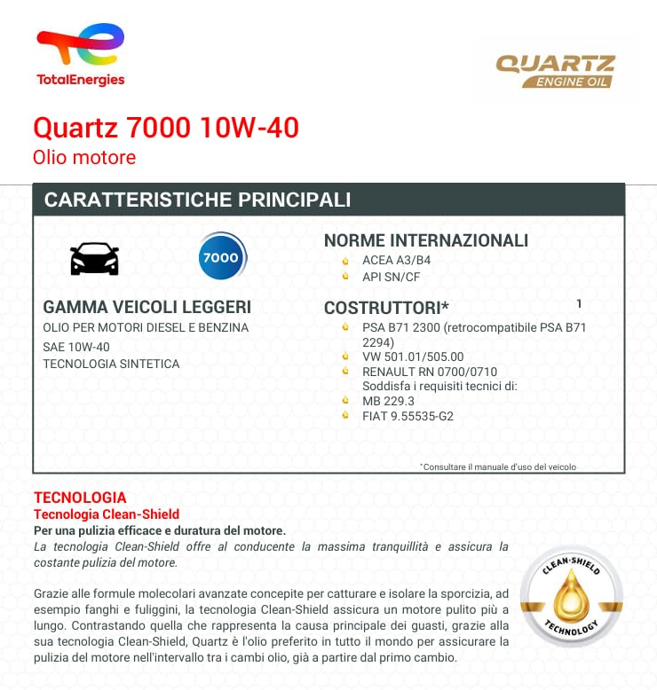 Olio Motore Auto Total Quartz 7000 Energy 10w40 -ACEA A3/B4 API CF API SN - FIAT 9.55535-G2 MB-229.3 / VW 501.01 VW 505.00-5 LITRI