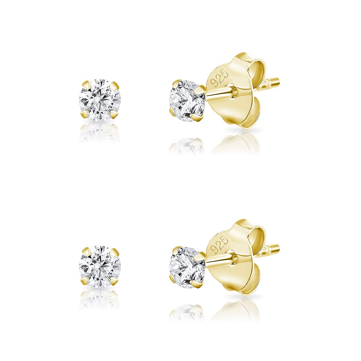 DTPsilver Set of 2 PAIRS of 925 Sterling Silver, 24K Yellow or 18K Rose Gold Plated VERY/TINY Round Stud Earrings with Cubic Zirconia - Diameter: 2, 3 or 4 mm - White/Clear CZ