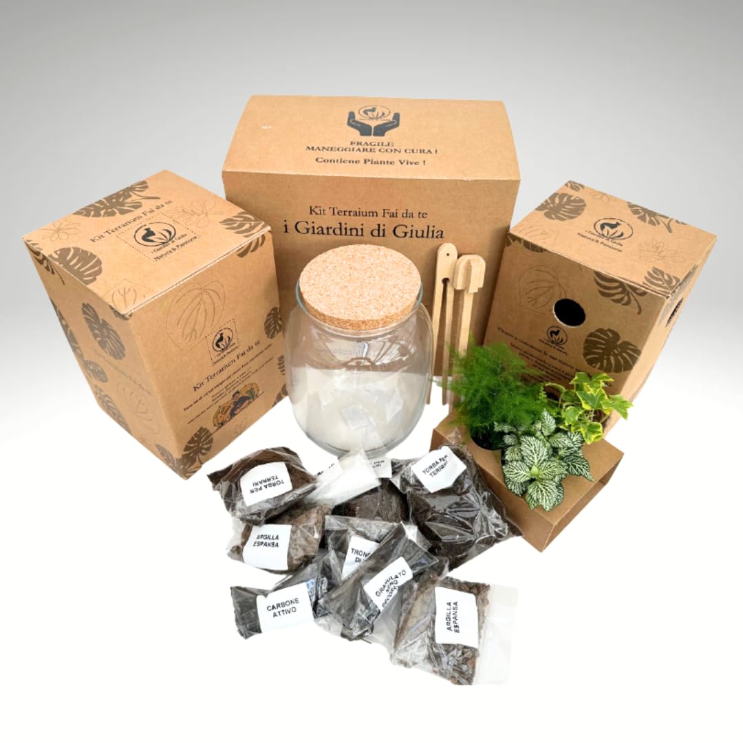 I GIARDINI DI GIULIA - Kit Terrarium Fai-da-Te 'I Giardini di Giulia' completo, Ecosistema Autosufficiente, Piante Incluse, Design Biologico, Kit terrario con vaso in vetro e tappo in sughero
