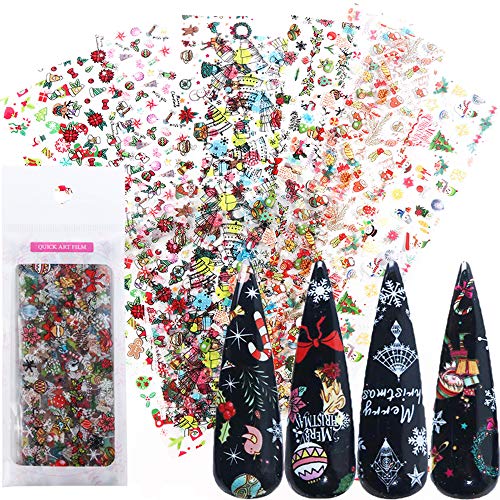 Christmas Nail Foil Transfer Sticker - 10 Sheets Colored Nail Art Stickers Snowflake Snowmen Santa Christmas Tree Elk Nail Decals Tips Wraps Foil Transfer Adhesive DIY Nail Decoration