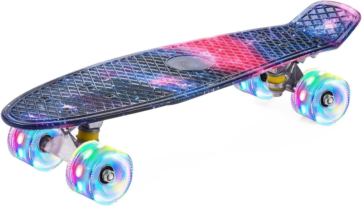 ERNAN 22 inch Skateboards for Kids,Cruiser Skateboard,Skateboards for Kids Teens Adults & Beginners, PU LED Flashing Wheels with All-in-One Skate T-Tool (Purple Starry Sky)