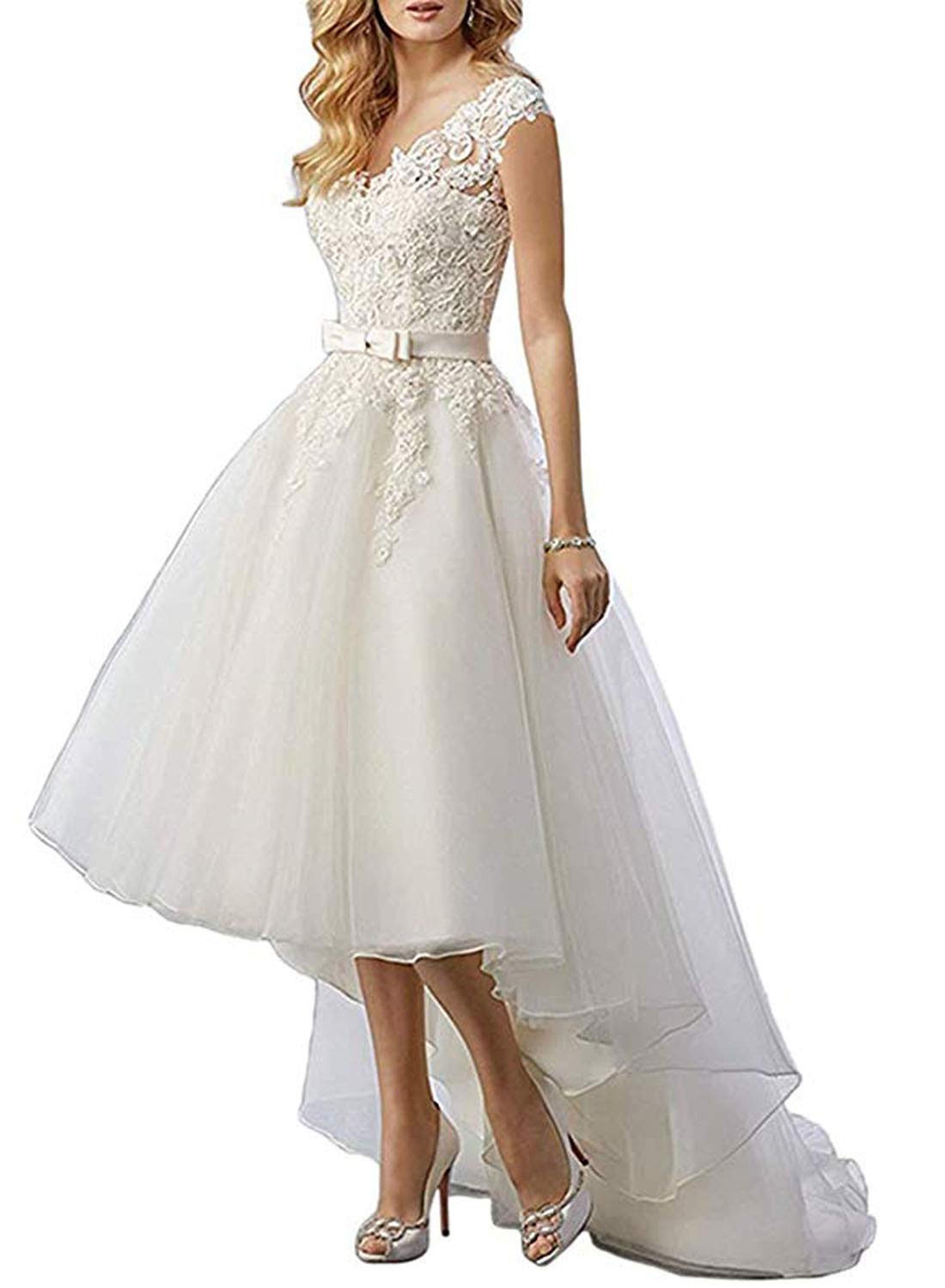 el Vestido de Novia Corto de Tul de Encaje de Boda Brilla, Blanco, 48