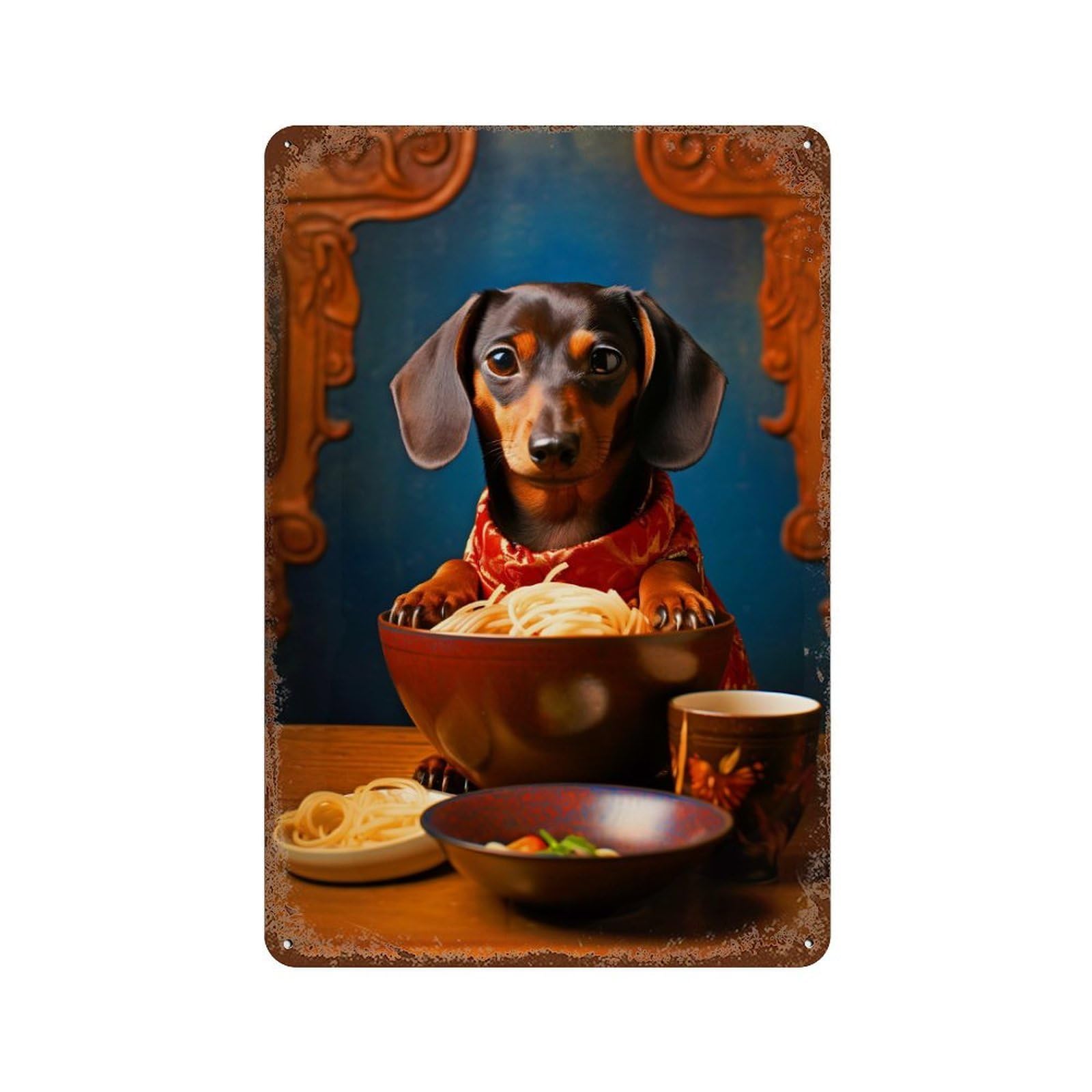 Dachshund Eating Noodles Decorative Tin Sign 11.8"x7.9", Vintage Wall Decor for Basement, Hobby Room And Garage Decor
