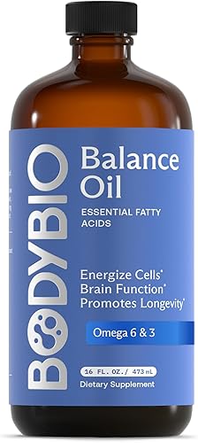 BodyBio Aceite de equilibrio – Ácidos grasos esenciales Omega 3 y 6 – Mezcla de aceite de semilla de lino y cártamo orgánico prensado en frío,