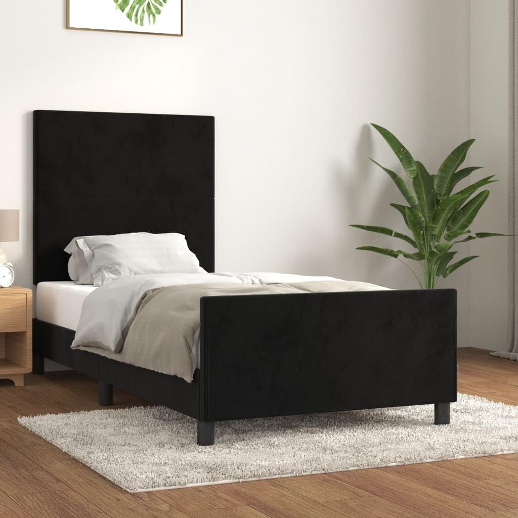 Aksamitna z regulowanym zagłówkiem podwójna czarny 90x190 cm | Rama łóżka z zagłówkiem czarna aksamitna 90x190 cm z regulowanym zagłówkiem do sypialni