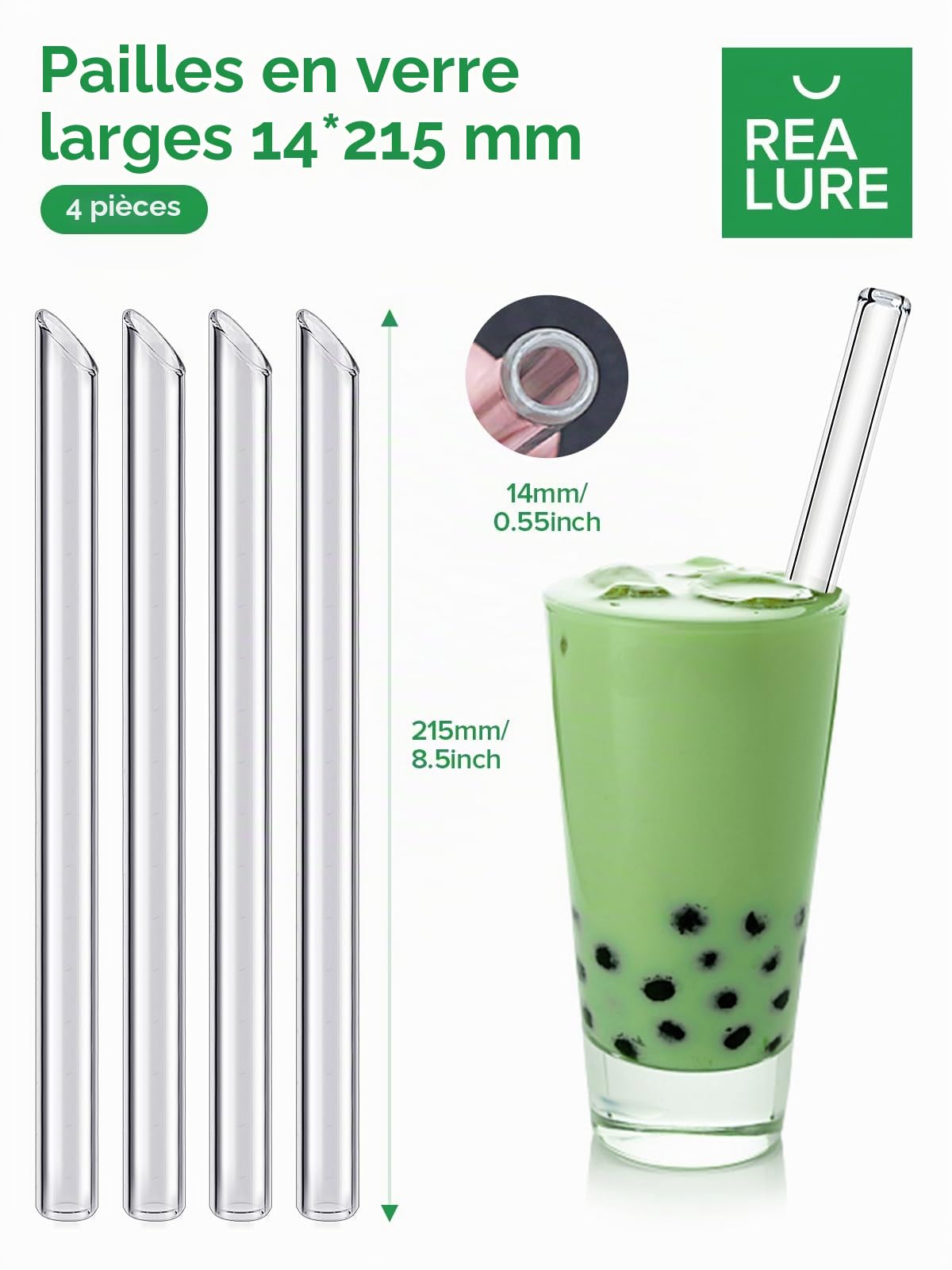 Realure Lot de 4 Pailles en Verre Transparente 14mm 21.5cm pour Bubble Tea Smoothie Cocktail