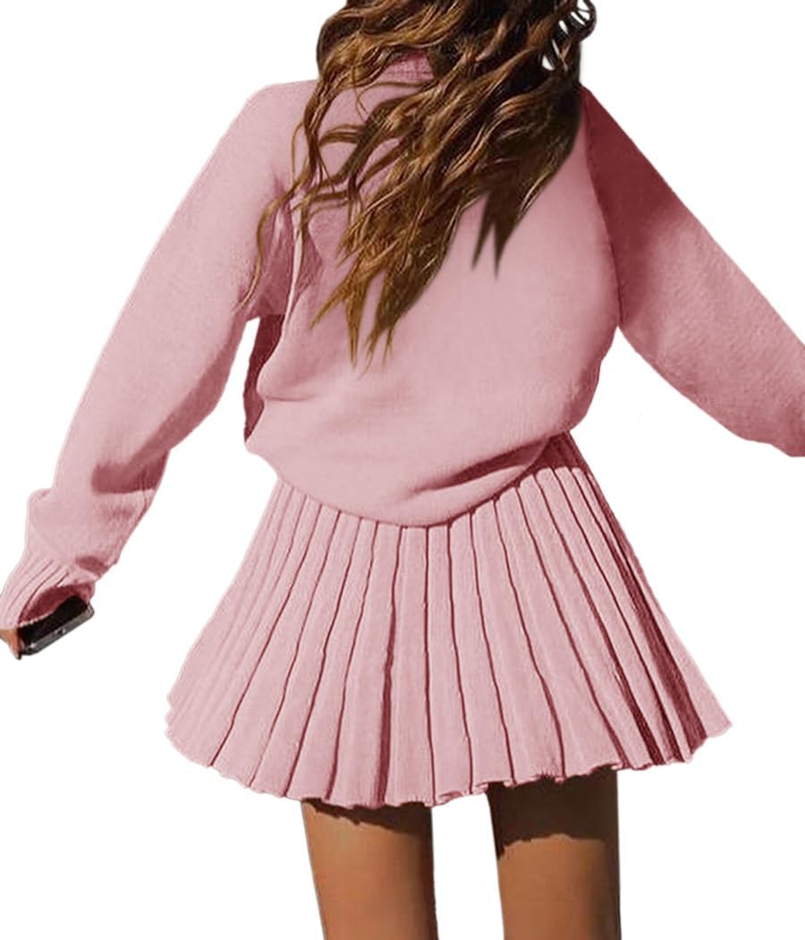 Women's 2 Piece Outfits Turtleneck Long Sleeve Oversized Pullover Sweaters and Pleated Mini Skirt Two Piece Sets - Image 4