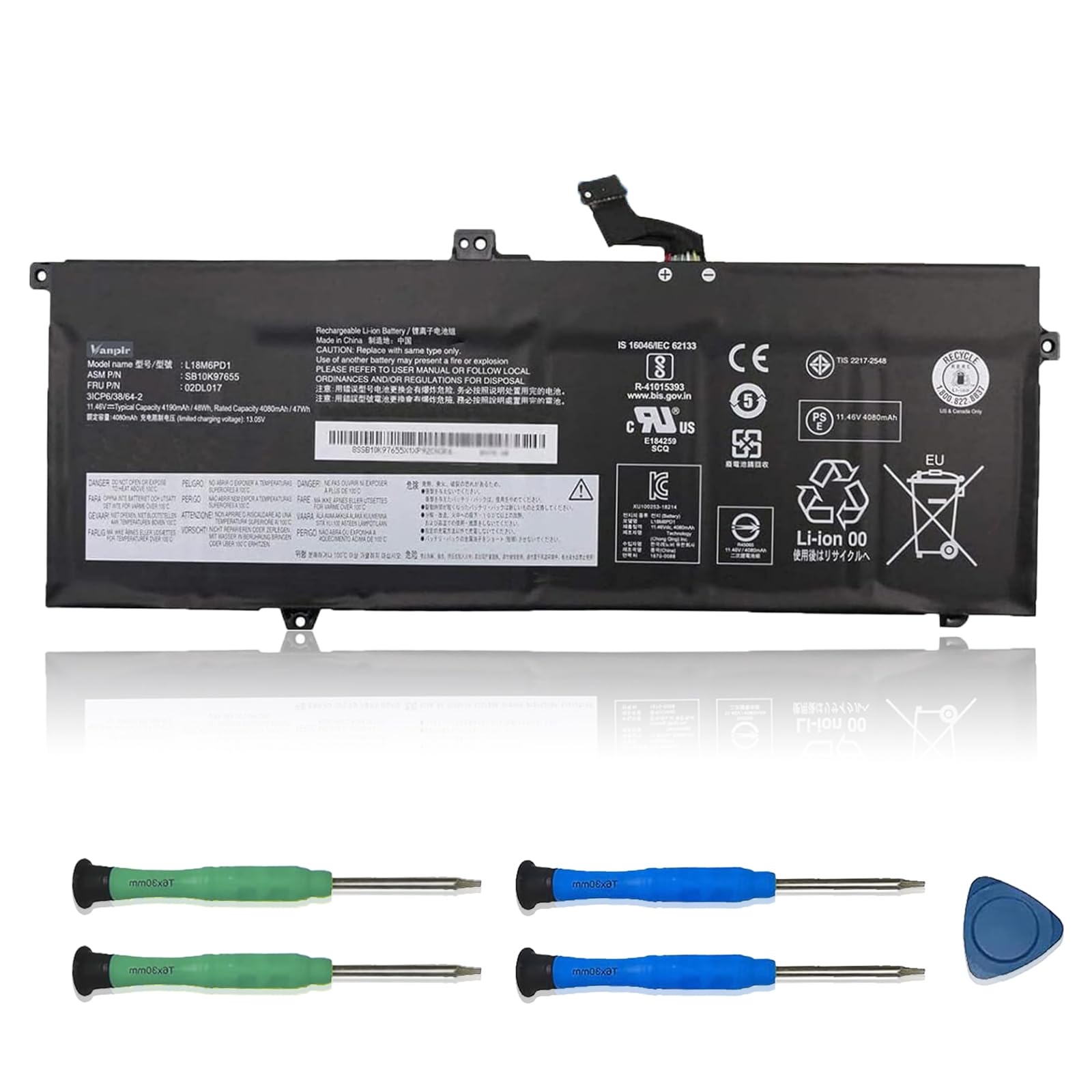 L18M6PD1 Laptop Battery 11.46V 48Wh 4190mAh Replacement for Lenovo ThinkPad X13 X390 X395 Series SB10K97655 02DL017 L18M6PD2 02DL018 L18C6PD1 SB10K97657 02DL019 L18D6PD1 02DL020