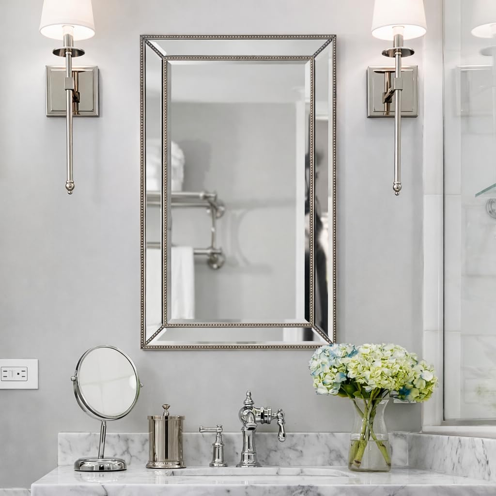 Head West Metro Beveled Edge Mirror with Beaded Glass Frame 18'' x 30'', Wall Mounted Rectangle Mirror for Bathroom Vanity, Over Sink, Entryway, and Bedroom, Champagne Silver