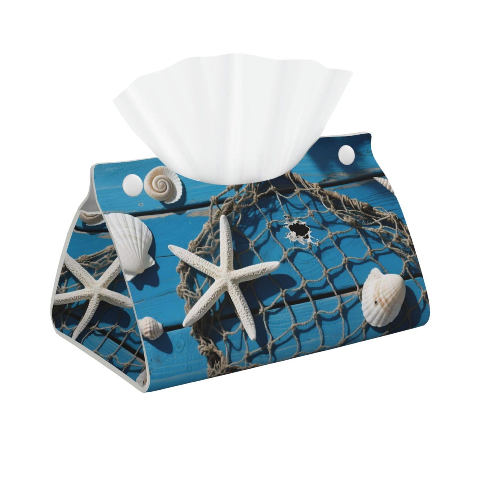 Pu Leather Tissue Box Cover, Starfish Shell Fishnet Rectangle Tissue Case Covers Decorative Tissue Box Holder Waterproof Tissue Holder Organizer for Bathroom Home Office