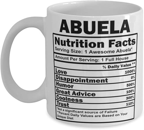 ODDITEES Taza divertida de Abuela con información nutricional de Abuela Taza de café 11oz Blanco