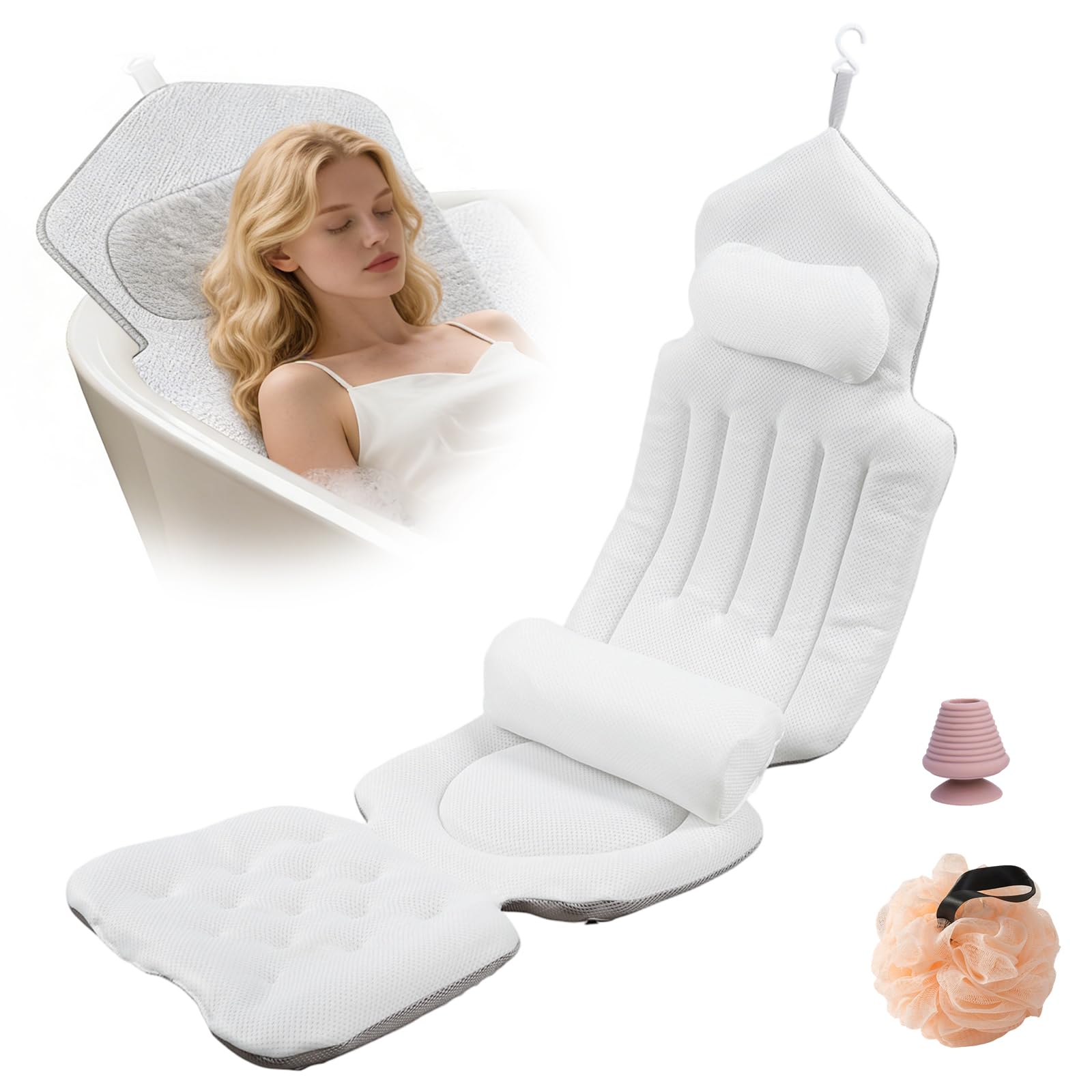 Cojín para Bañera de Cuerpo Entero 134x41cm, 4D Cojin Bañera con con reposacabezas para Cuello, Espalda y piernas, Almohada Bañera con Ventosas Antideslizante y Gancho, para en hoteles, baños de baño