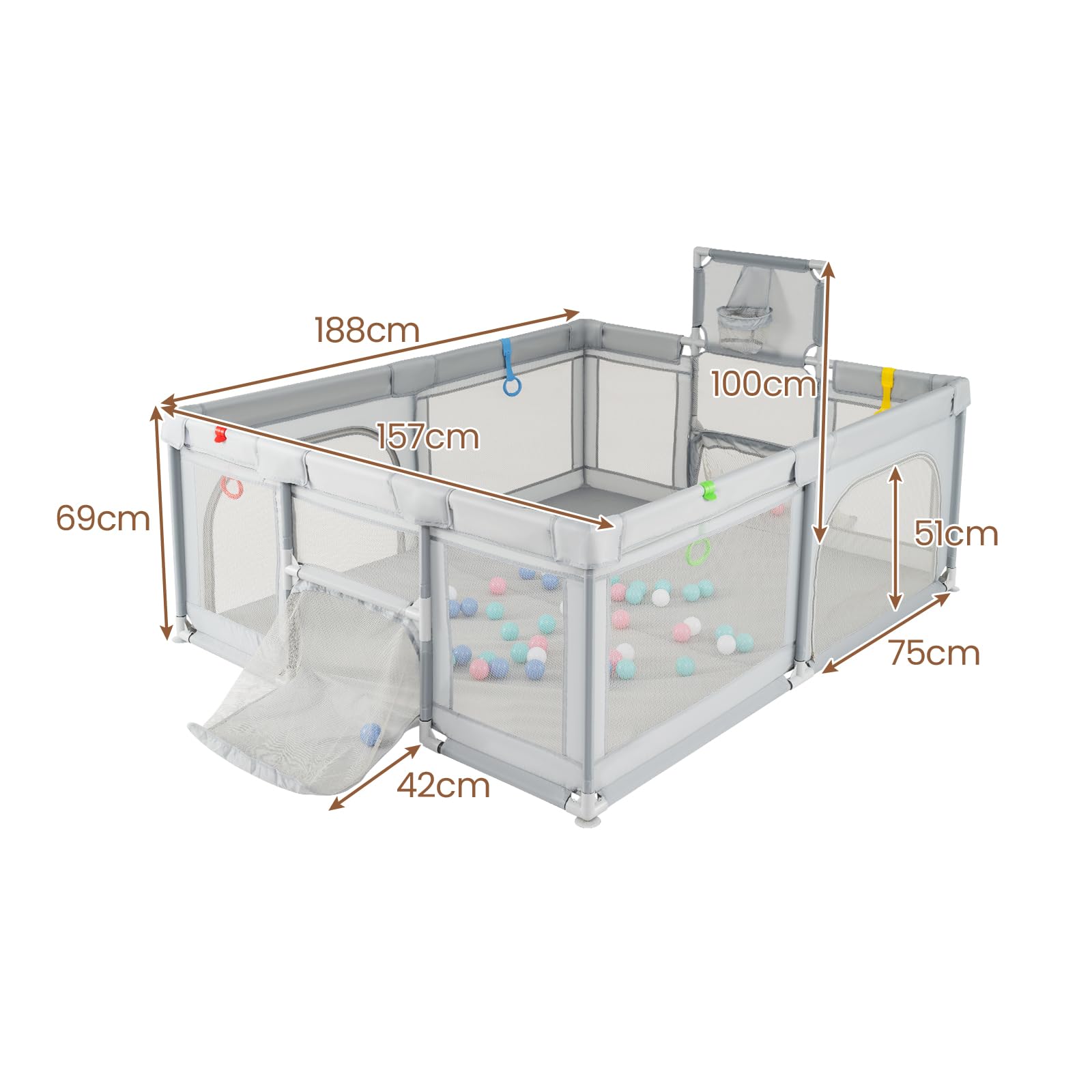 LIFEZEAL Box per bambini, 188 x 157 cm, con cestino da basket, porta da calcio e palle da gioco, griglia per gattonare con materasso, box portatile per bambini con borsa per il trasporto (grigio