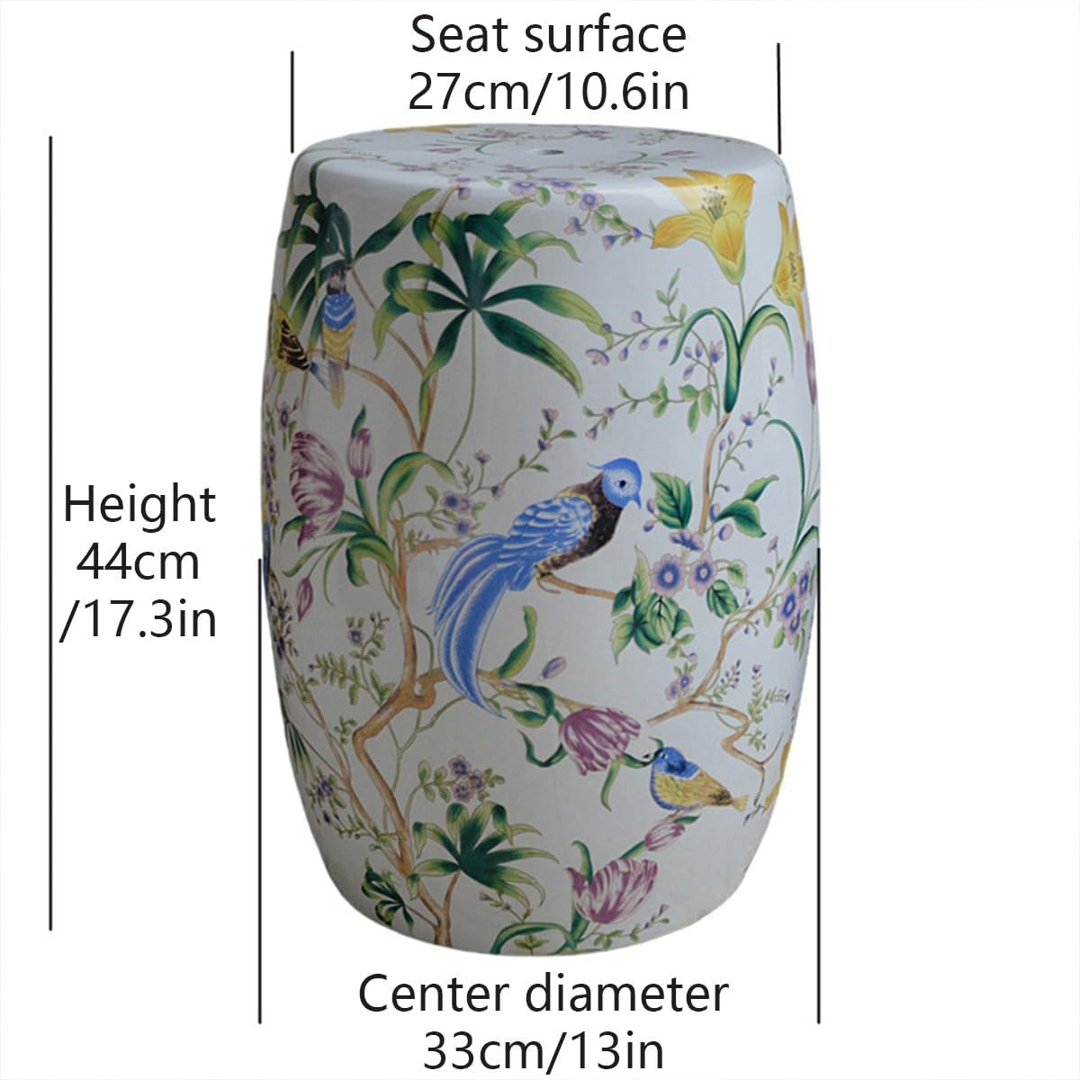 Hand Painted Ceramic Garden Stool Floral Bird Design, Hand Painted Garden Stools, Decorative Ceramic Drum Stool,Chinoiserie Drum Indoor Outdoor Accent(Pale Green Ice-Crack Glaze)