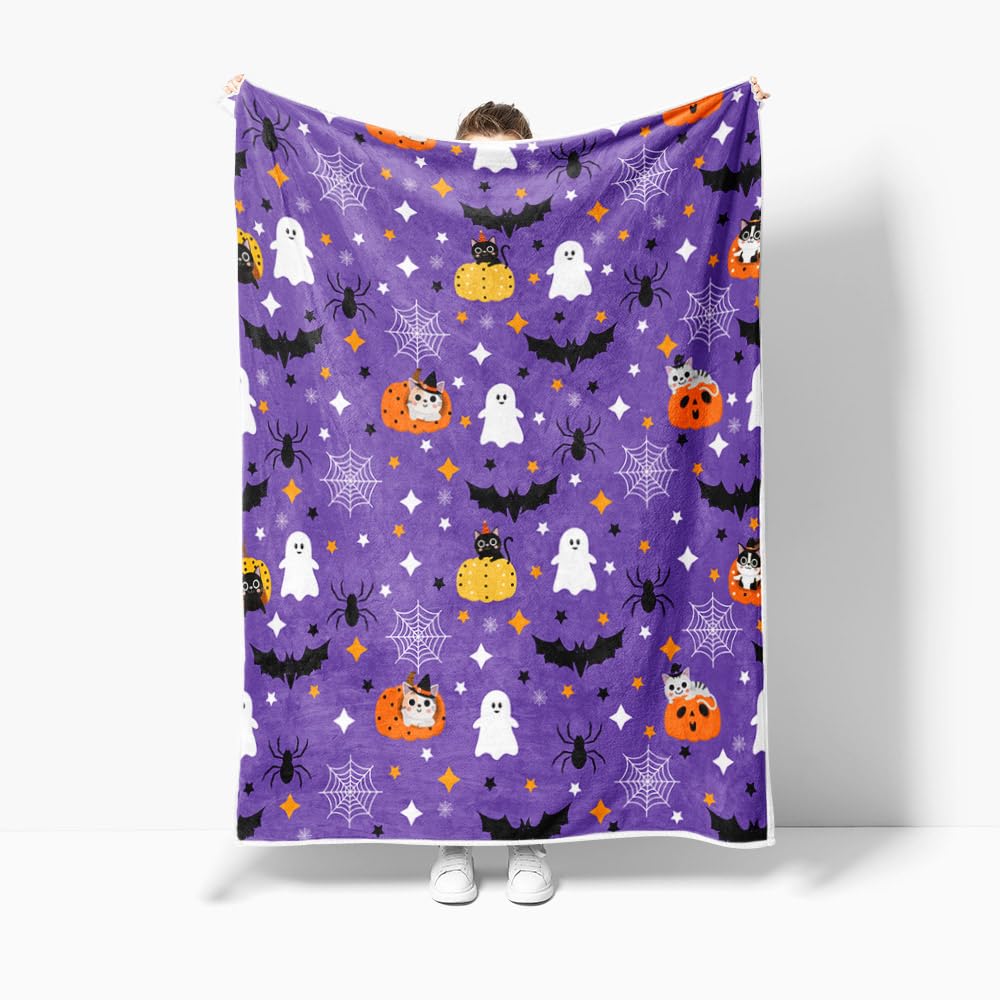 BSRAMZ Halloween Throw Blanket – Cute Cat, Ghost, Witch & Spider Web Design, Flannel, Super Cozy, 60x90 Inches - View #8