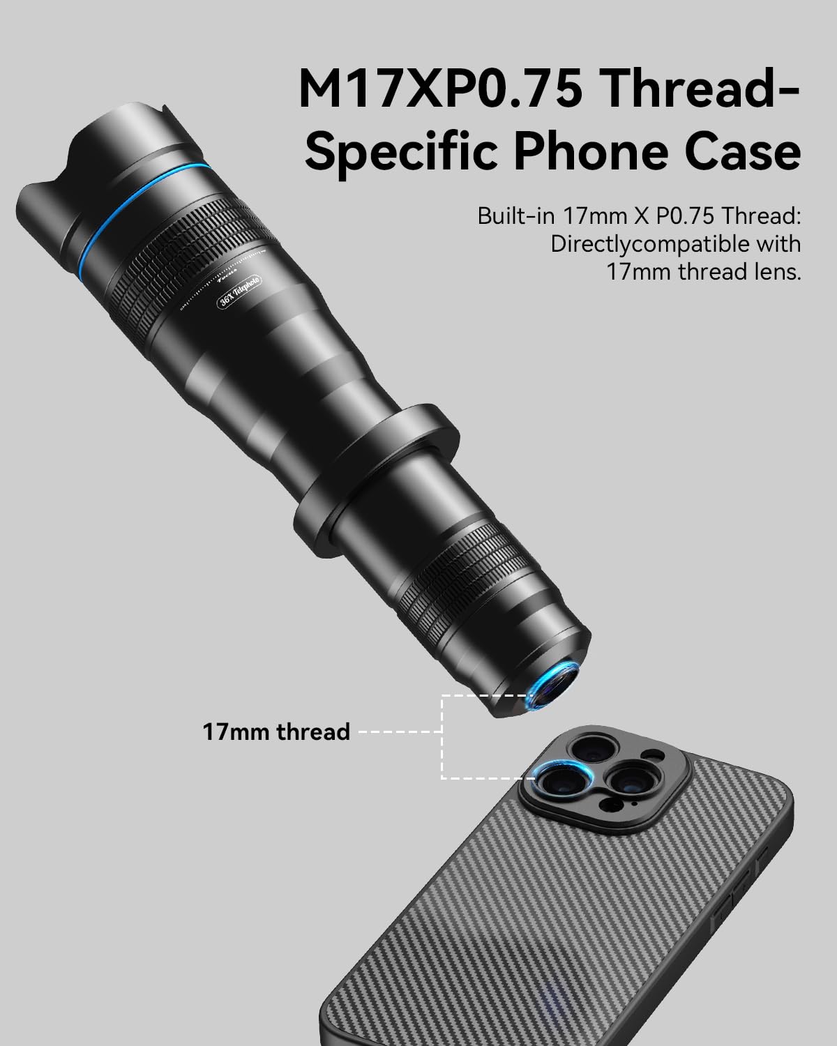 APEXEL Teleobiettivo Portatile con Custodia Integrata per iPhone 17 Pro – Obiettivo 36x con Attacco per Treppiede