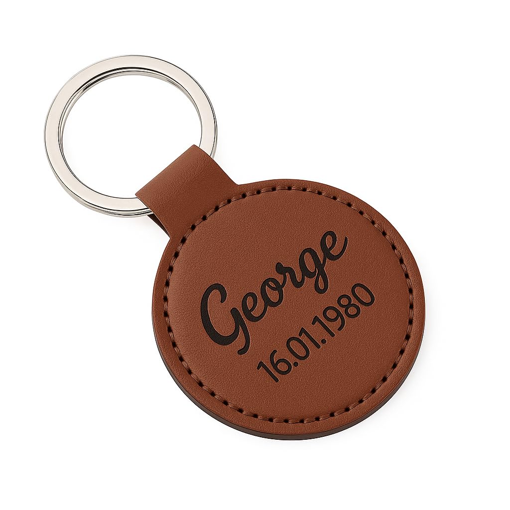 Laser-Engraved Keychain – Wooden or Leather Keyring in Heart, Circle, or Oval Shape – Unique Gift for Anniversaries, Birthdays, Christmas, Mother’s & Father’s Day, Corporate Gift (Leather Circle)