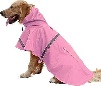 Mikayoo Large Dog Raincoat Adjustable Pet Waterproof Clothes Lightweight Rain Jacket Poncho Hoodies with Strip ReflectivePink,XXL