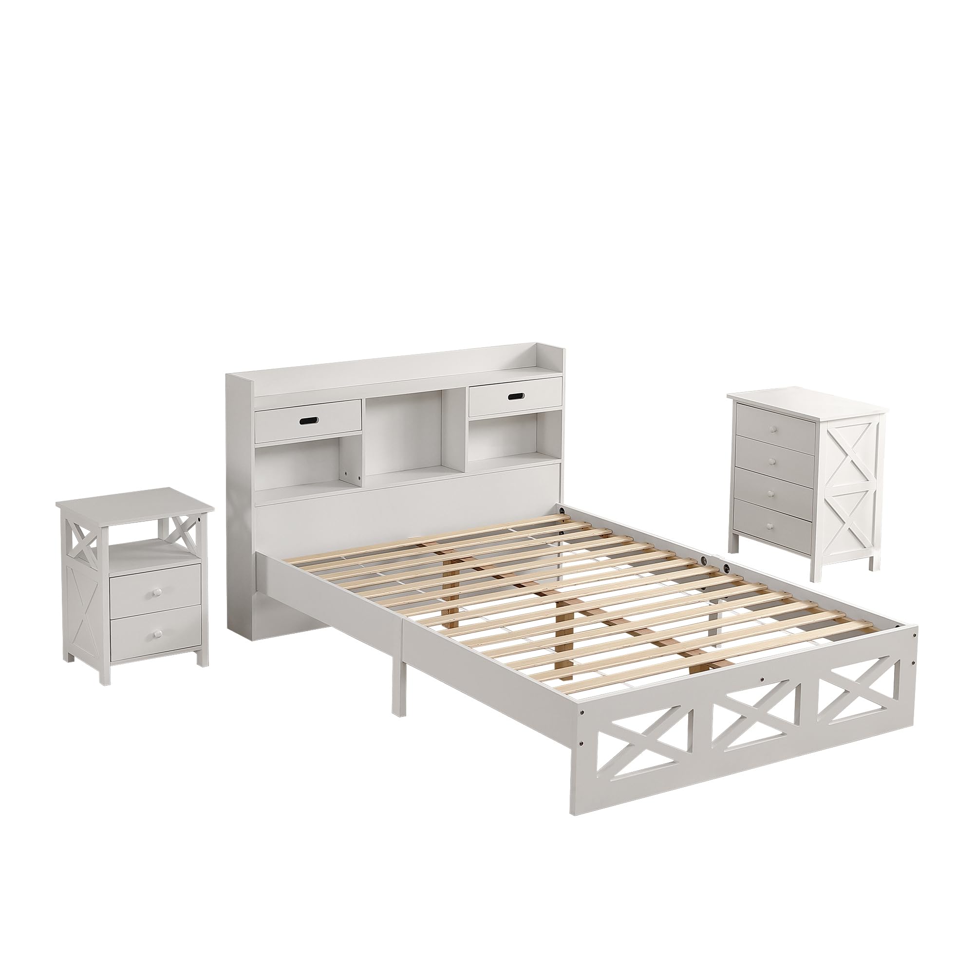 Set completo per camera da letto, letto in legno+comodino+cassettiera, 140 x 200 cm, letto matrimoniale con funzione di conservazione, comodino con 2 cassetti e uno scomparto, MDF, bianco (letto in