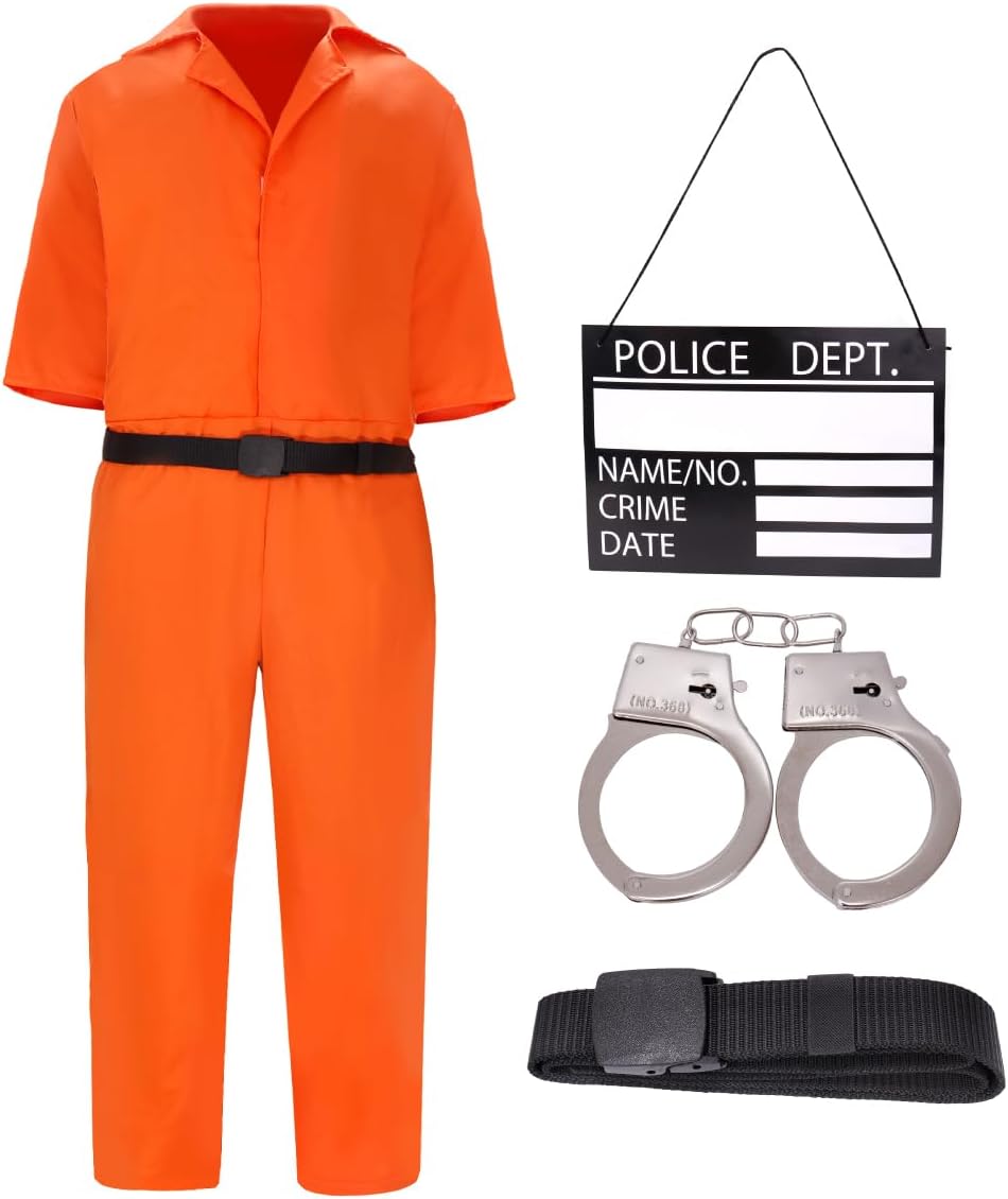 Adult Prisoner Jumpsuit Orange Prison Inmate Halloween Costume Unisex Jail Criminal