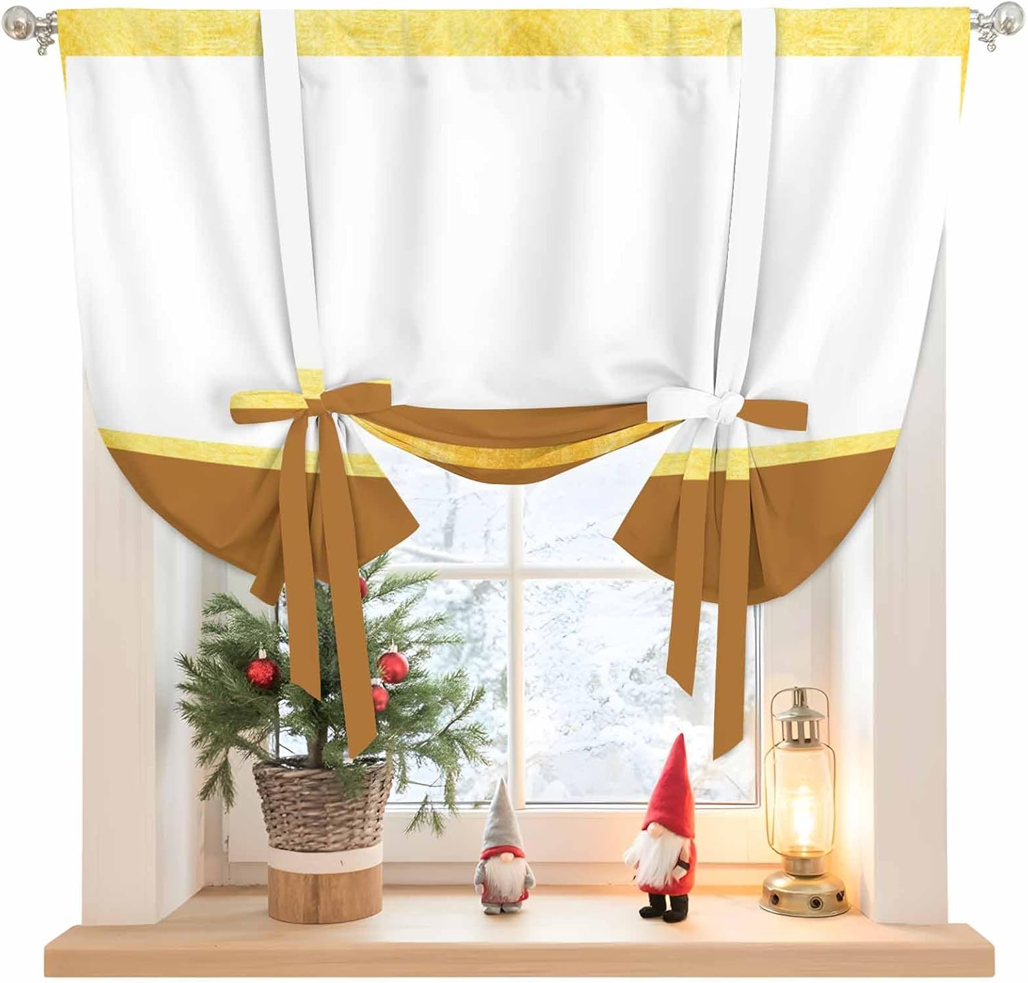 Modern Brown Gold Tie Up Curtains for Windows 63 Inch Length Balloon Curtains Kitchen Adjustable Balloon Window Shade Minimalist Geometric Yellow Striped Tie Up Valance Bathroom Curtain Window 52"x63"