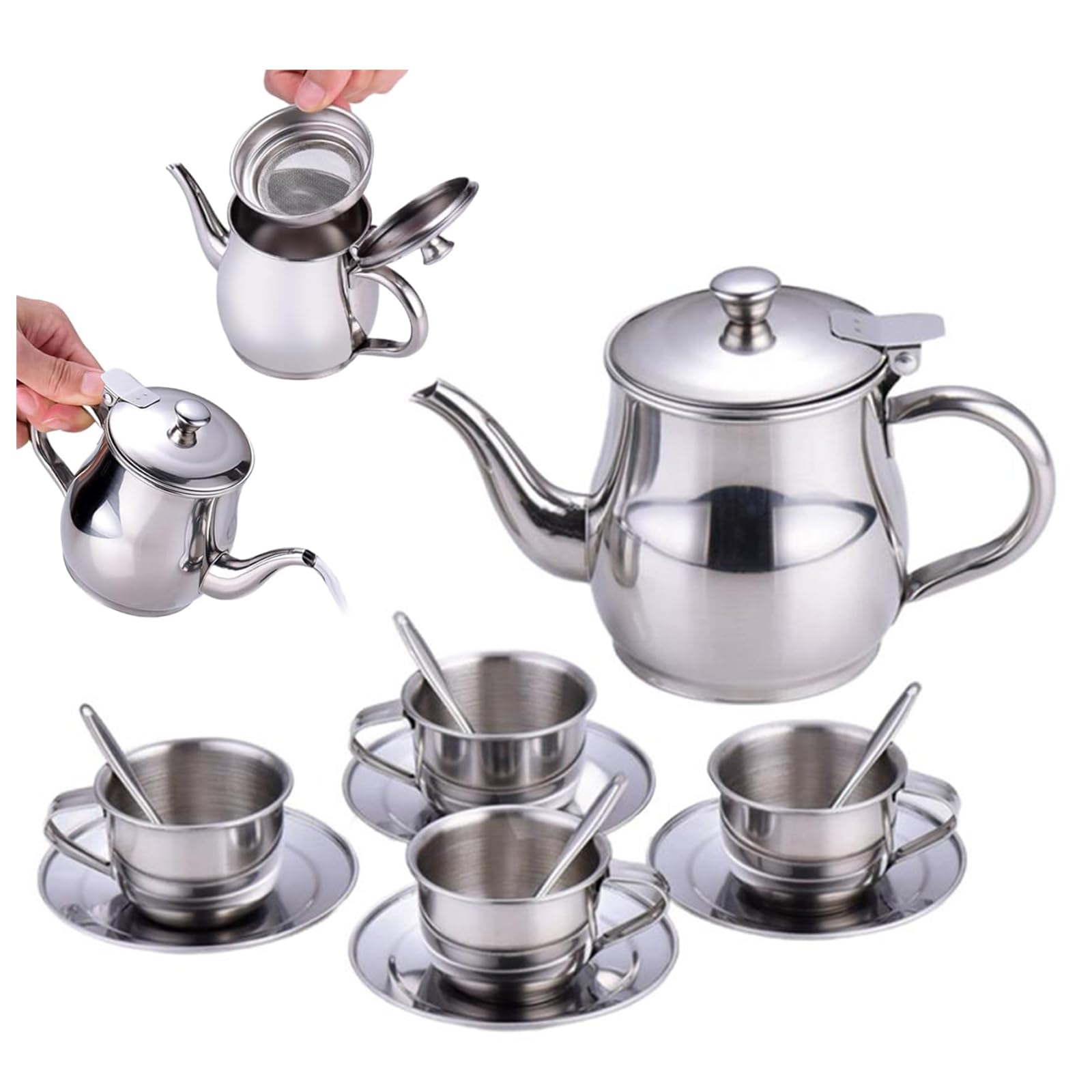 Kids Tea Sets,Stainless Steel Pretend Play TeaSet,Real or Play Te a Party Set for Kid,Long Spout Teapot with 4Pcs Cups &Tray,Tea TimePlay Kitchen Toy For Birthday Classroom Daycare Playroom Playtime