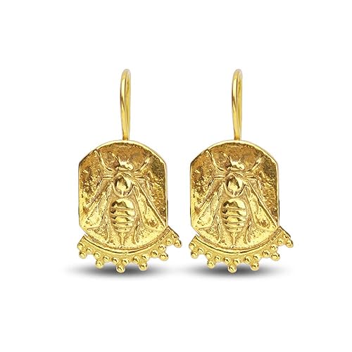 Honey Bee Coin Handmade Dainty Hook Earrings 925 k Sterling Silver Ancient Roman Art Turkish Jewelry Gold Plated