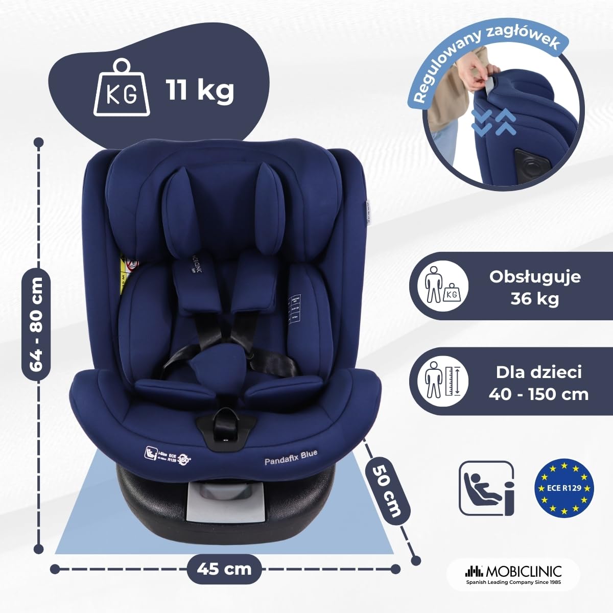 Mobiclinic®, Fotelik samochodowy, Obrót 360º, Regulacja i-size, Top tether, Grupa 0/1/2/3, Max. 36 kg, Podwyższenie dla dzieci, Pandafix, 5-punktowa uprząż, Regulacja, Leżanka 3 pozycje