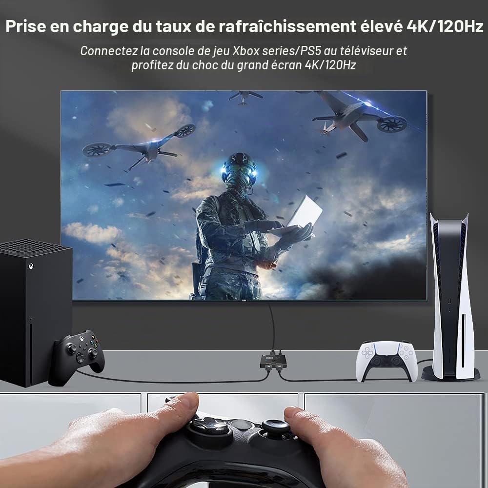 Directionnel HDMI 2.1 Switcher Commutateur Ultra HD 8K Haute Vitesse 48Gbps 2in 1out 8K@60Hz 4K@120Hz Convertisseur Séparateur Compatible avec Les Moniteurs PS5