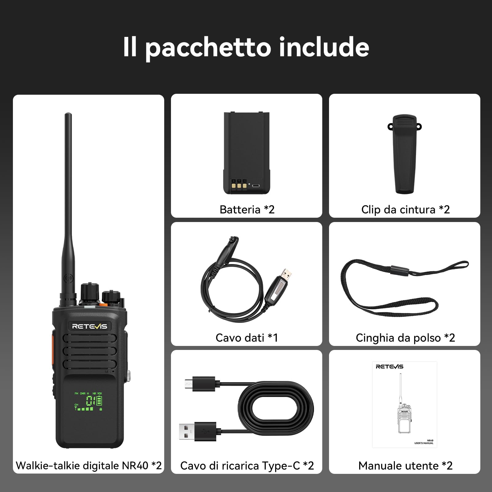 Retevis NR40 Ricetrasmittente DMR, Walkie Talkie IP67 Impermeabile | 2800mAh, Resistenza agli Urti, Audio Chiaro, per Edilizia e Fabbriche, Nero, 2 Pezzi