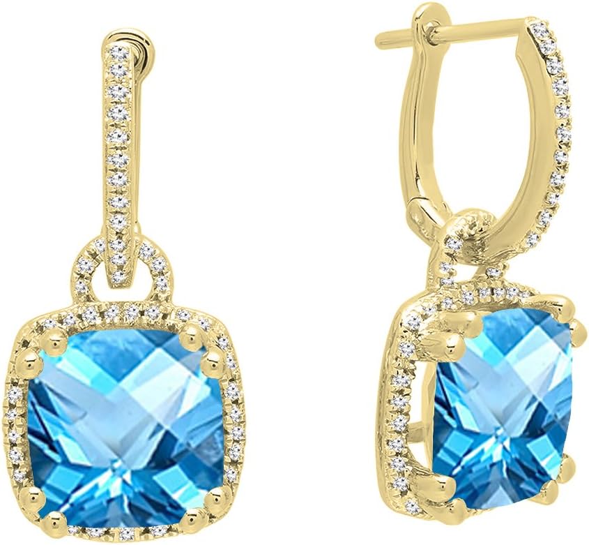 Dazzlingrock Collection 8mm Each Cushion Cut Gemstone & Round White Diamond Womens Dangling Drop Earrings, 10K Solid Yellow Gold
