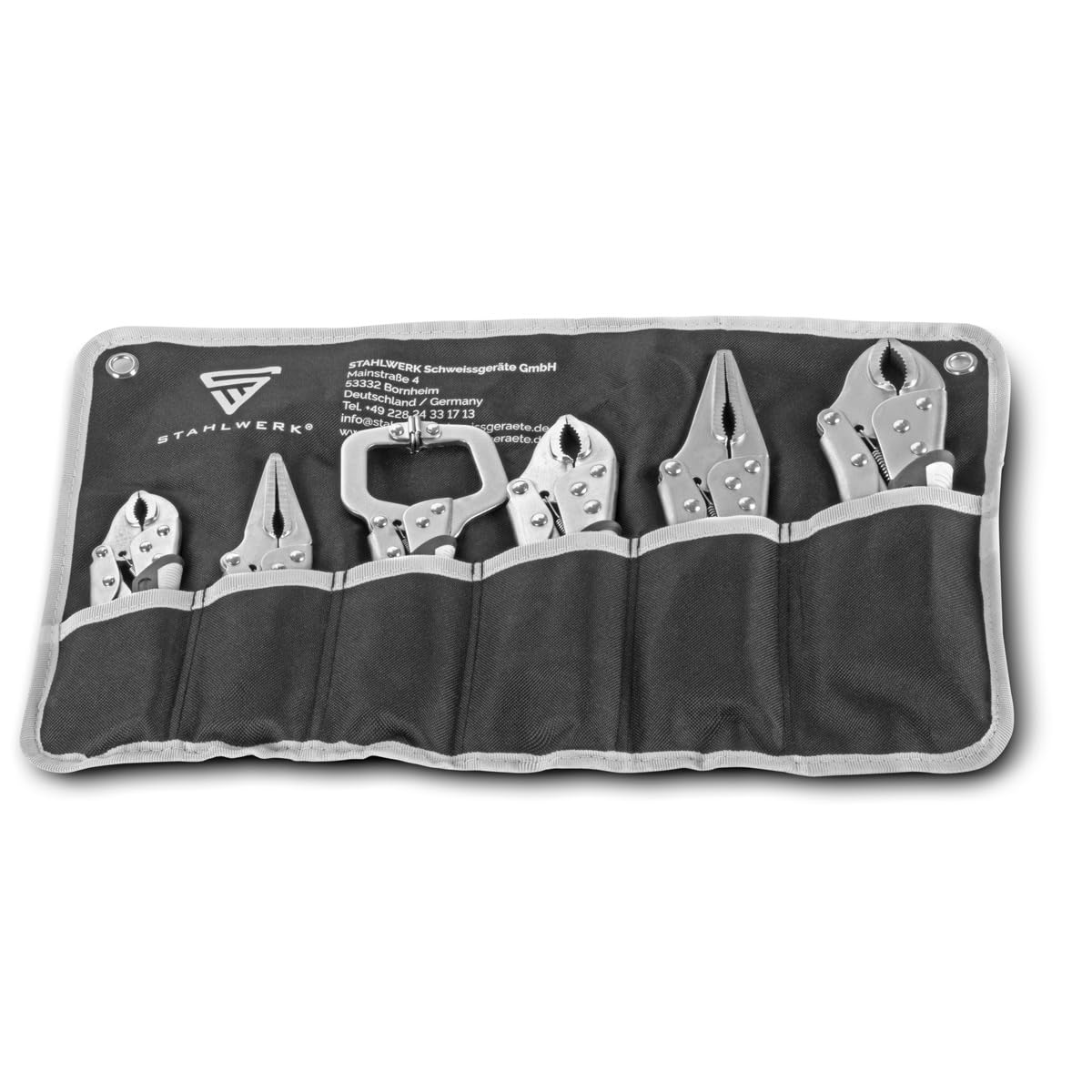 STAHLWERK Gripzangen Set 6-teilig Klemmbereich einstellbar – Langbeck-Gripzangen 165/241 mm mit gebogenen Backen 127/178/254 mm, C-Klemme 152mm, Ergonomische TPR Griffe