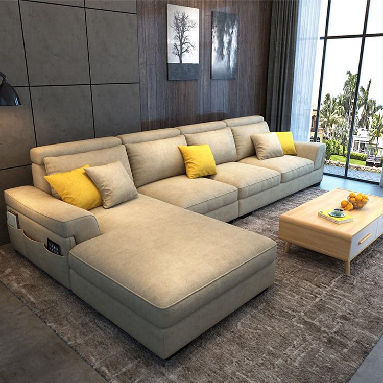 AMIDO Braxton Modern Beige L-Shaped Sofa Set with Lounger | 6-Seater Fabric Sectional Couch with Cushions & Storage Pockets | Stylish Living Room Furniture AMIDO Braxton Modern Beige L-Shaped Sofa Set with Lounger | 6-Seater Fabric Sectional Couch with Cushions & Storage Pockets | Stylish Living Room Furniture