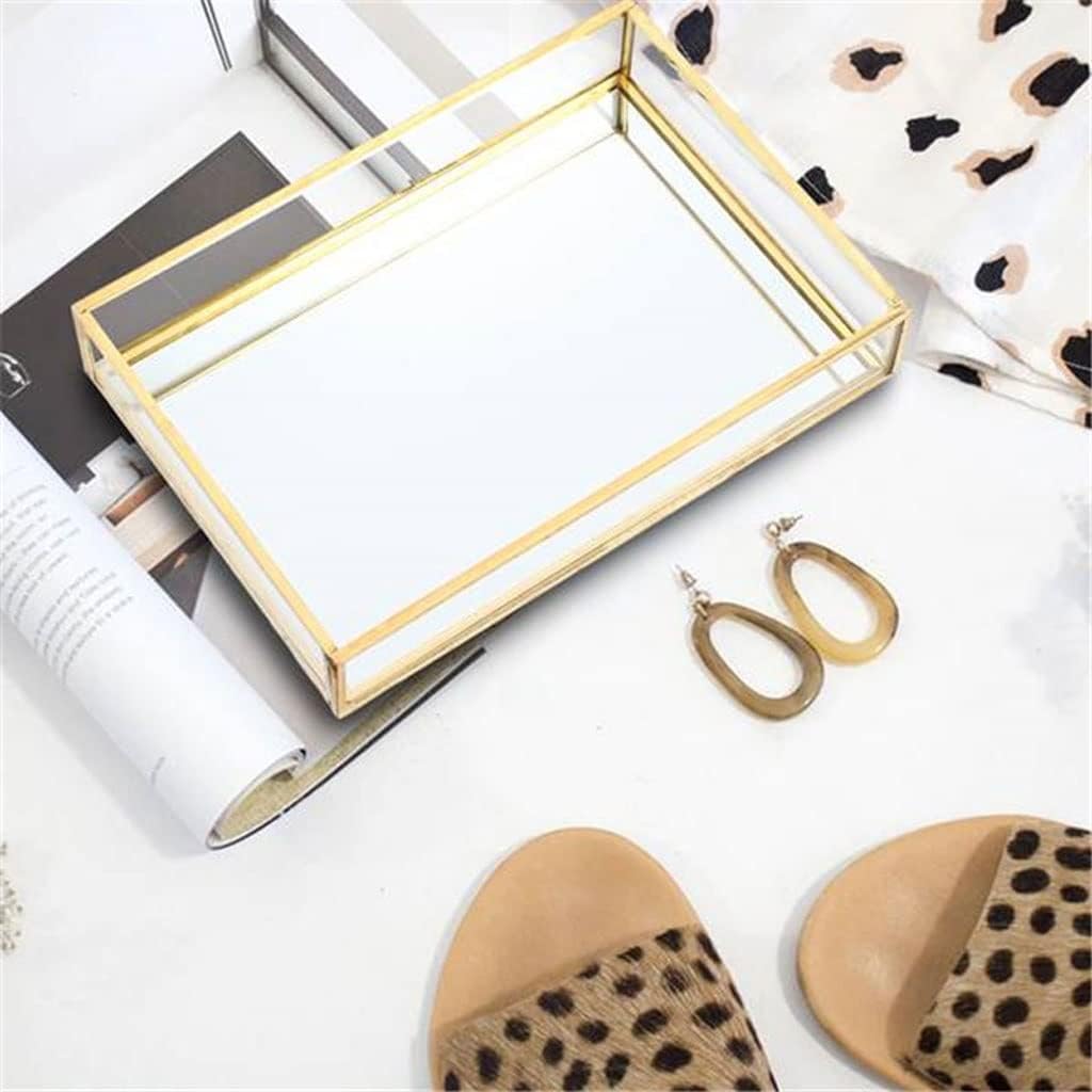 FMURY Retro Storage Tray Gold Rectangle Glass Makeup Organizer Tray Jewelry Display Home Kitchen Decor(20 * 14 * 3.5cm)