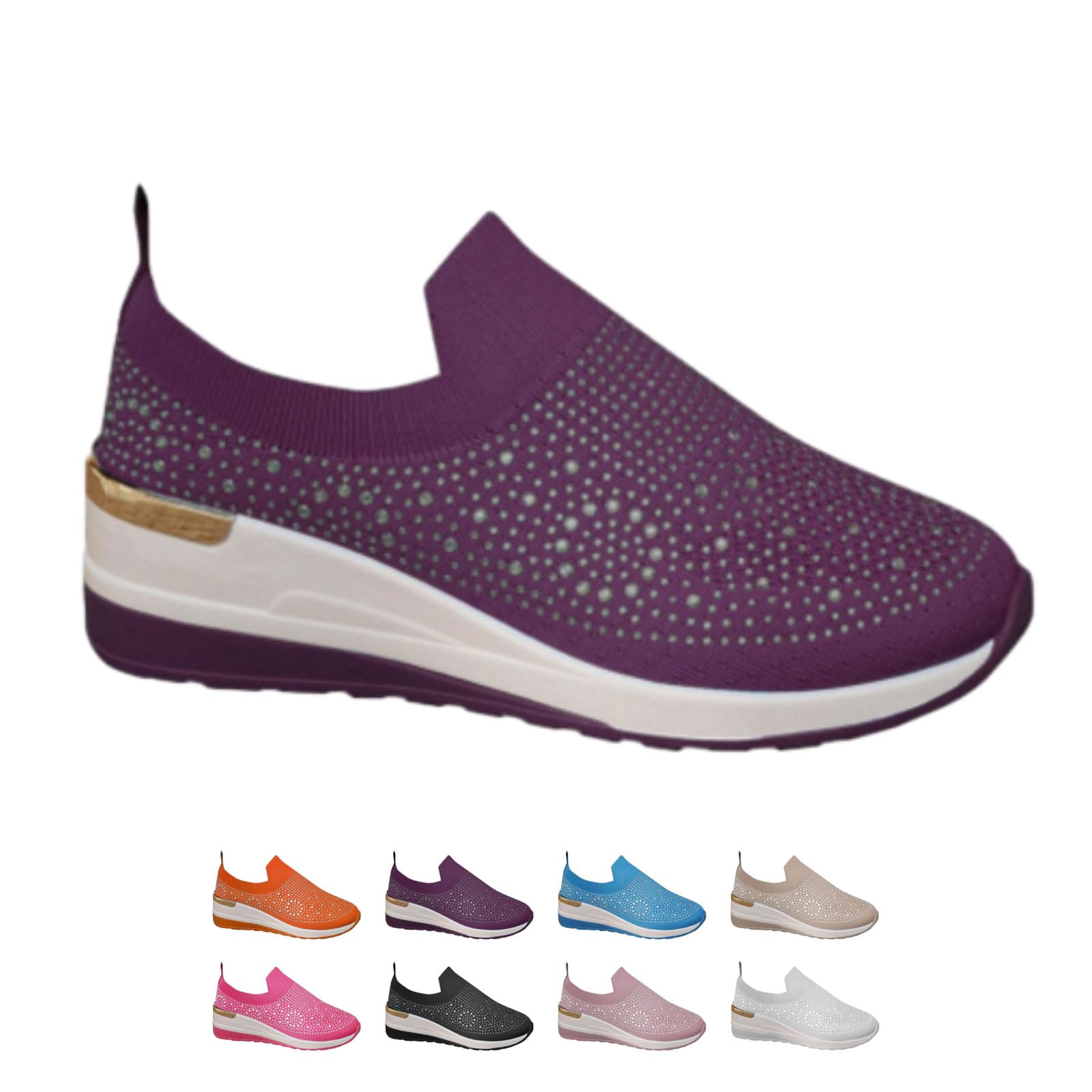 Scarpe da ginnastica da donna con zeppa in rete con strass glitterati, traspiranti, alla moda, casual, antiscivolo, comode, ortopediche, leggere, con supporto per arco plantare
