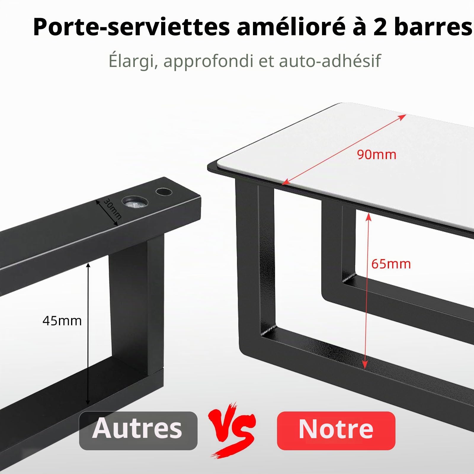STWWO Porte-Serviettes sans perçage Support Serviette d'invité avec Crochet auto-adhésif 420x90x75mm Porte Serviette Roulé Murale pour Salle de Bain Cuisine, Acier Inoxydable, Noir
