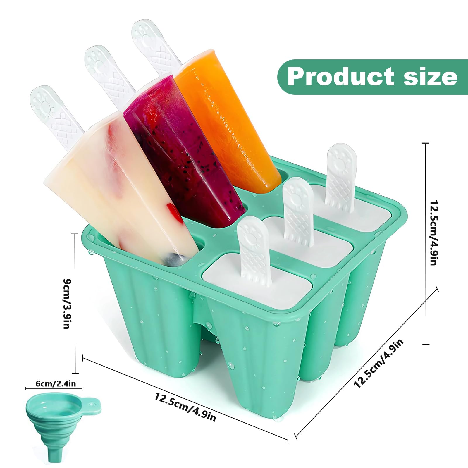 Moldes para Helados de Silicona, Moldes Helados con Embudo y Cepillo de Limpieza, Reutilizable Moldes para Paletas, Ice Cream Mold para Niños, Adultos (Verde, 6 Cavidades)