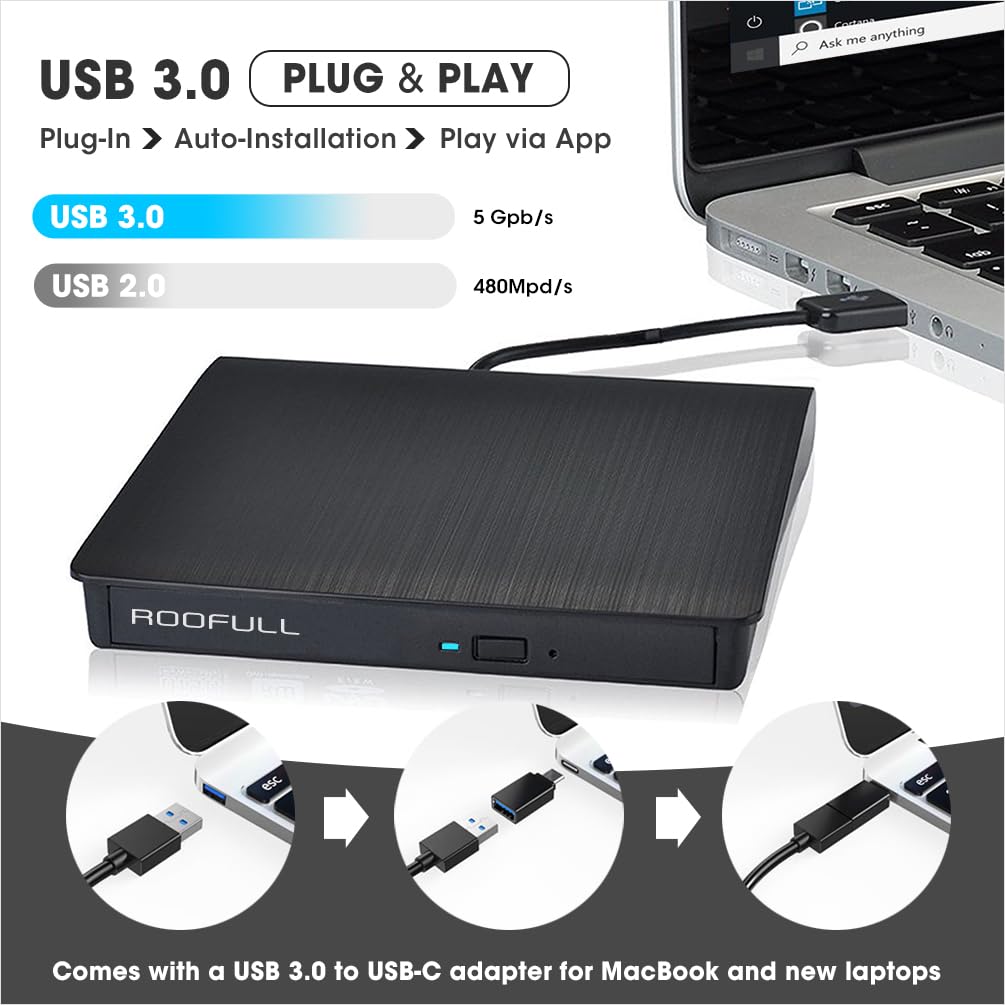 USB 3.0, masterizzatore DVD, lettore CD DVD RW Optical portatile Slim esterno per Windows 10 ThinkPad Toshiba HP Dell Lenovo Sony Acer per MacBook Pro da Roofull