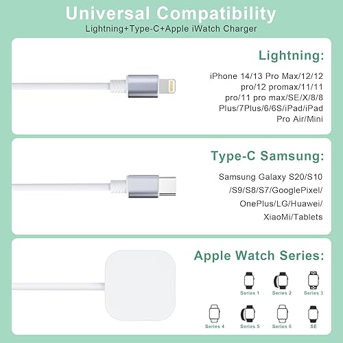 Miniatura 3 de Multi 3 en 1 retráctil universal teléfono cable de carga + cable de cargador de Apple Watch, USB A a Lightning+Tipo C+cargador iWatch para iWatch