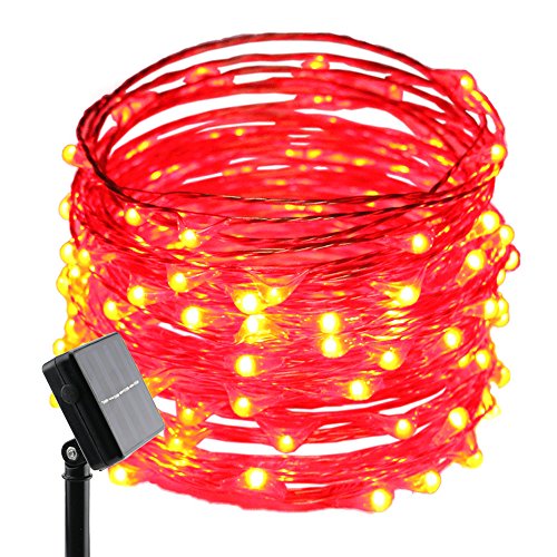 ErChen Solar Powered Copper Wire Led String Lights, 33FT 100 LEDs Waterproof 8 Modes Decorative Fairy Lights for Outdoor Christmas Garden Patio Yard (Red)