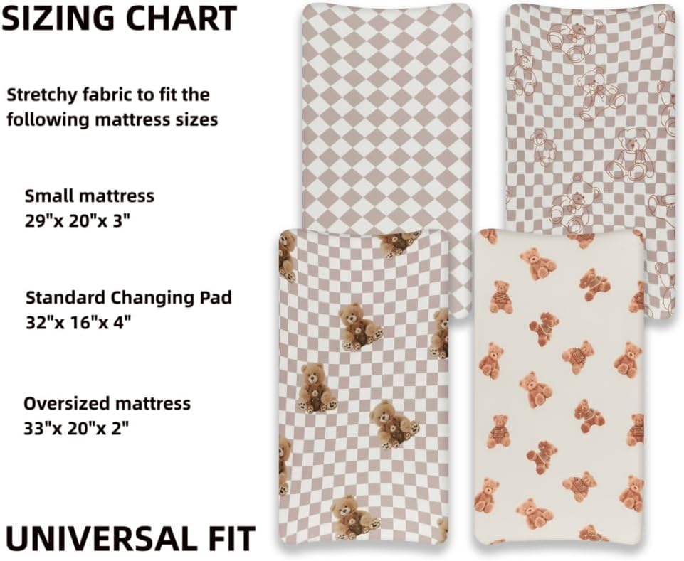 Fitted Baby Neutral Changing Pad Covers Bear and Buffalo Check Plaid Breathable Unisex Baby Sheet Set for Boys or Girls