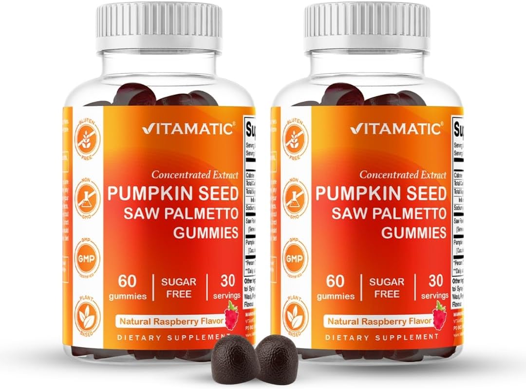 Vitamatic Pumpkin Seed 20:1 Extract & Saw Palmetto 10:1 Extract Gummies – Sugar-Free Botanical Extract – Natural Raspberry Flavor – Vegan, Non-GMO, Plant-Based Gummies – 60 Count - 2 Pack (120 Count)