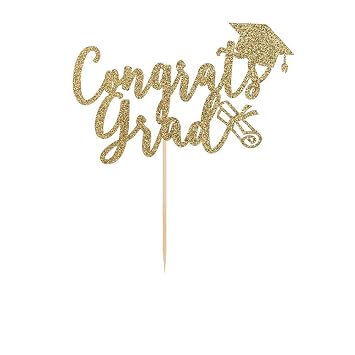 Festiko Congrats Grad Cake Topper - Glitter Card in Gold for Cake Decoration, Birthday/Anniversary/Engagement/Graduation