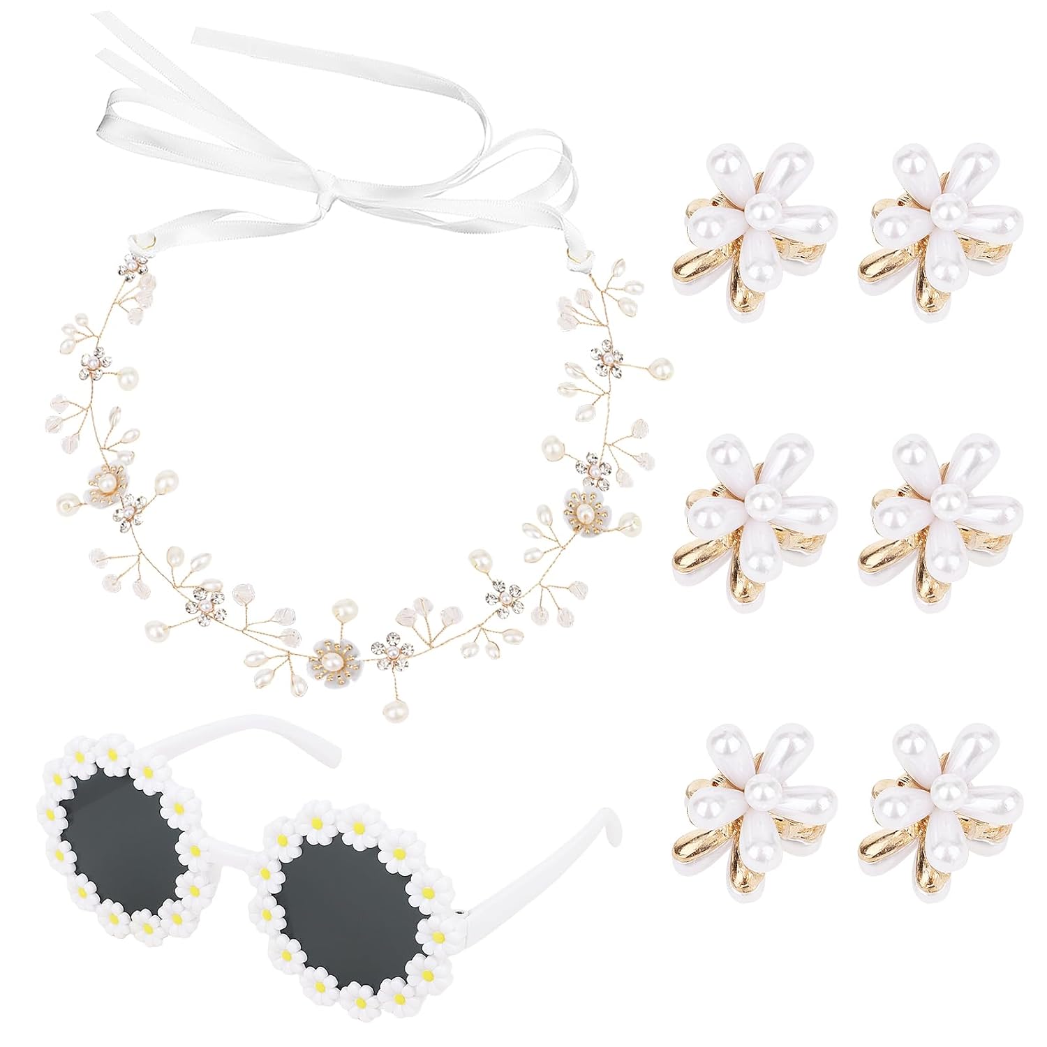 ANBALA 8 Pcs Flower Girl Proposal Set Flower Girls Gifts Including Flower Girl Headpiece Round Flower Sunglasses Pearl Small Flower Hair Clips