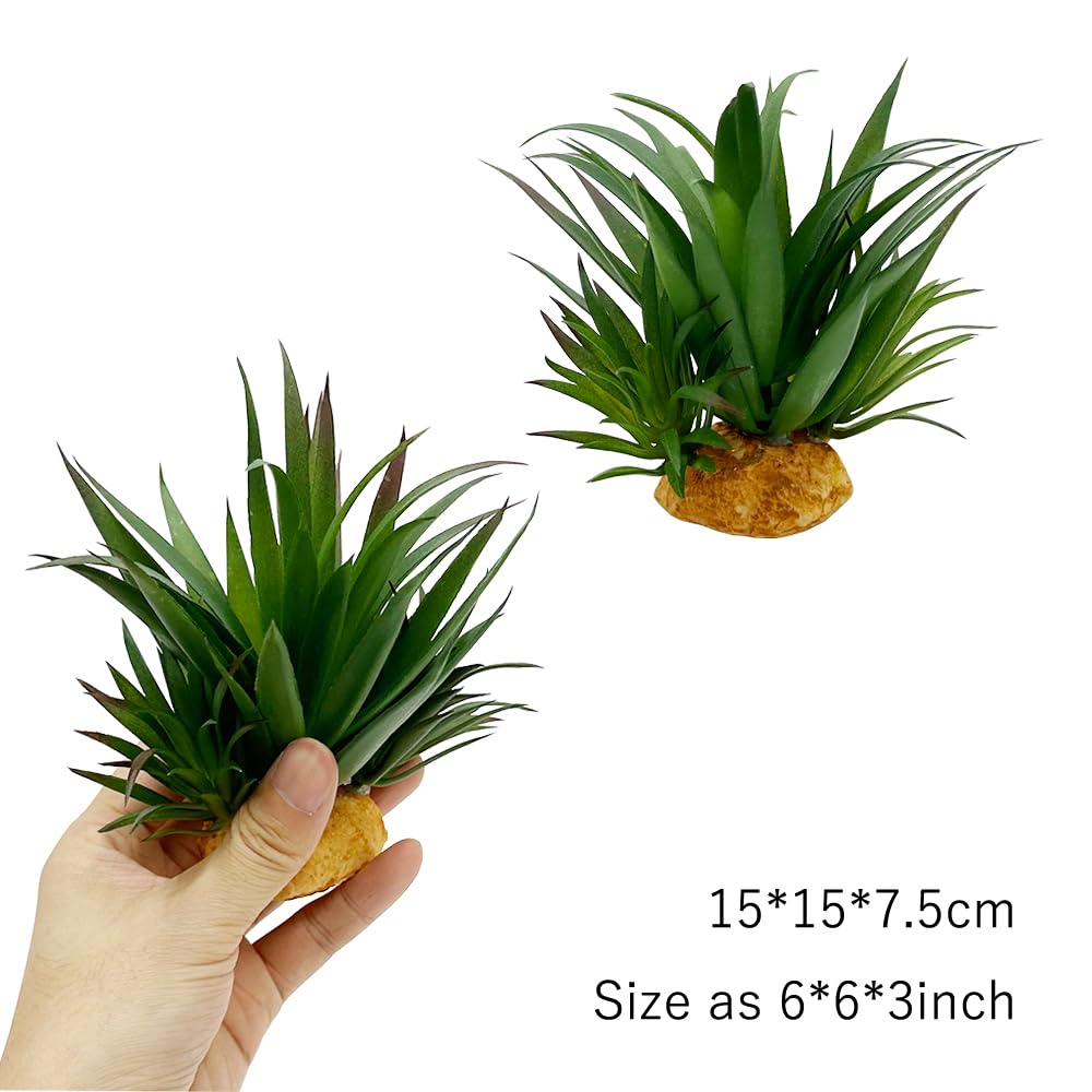 Reptile Artificial Plants Succulent Terrarium Decor Desert Rain Forests Plant Lizard Bearded Dragon Chameleon Gecko Snake Amphibian Habitat Hideout Turtle Tank Accessories (Green-2pcs-Set) - Image 2