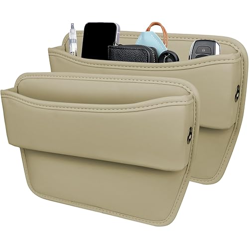 Car Seat Gap Filler Organizer,2 Pack Leather Car Seat Organizer and Storage Front Seats Storage Box,Interior Car Accessories for Phones, Glasses, Keys, Cards (Beige, 2 Pack)