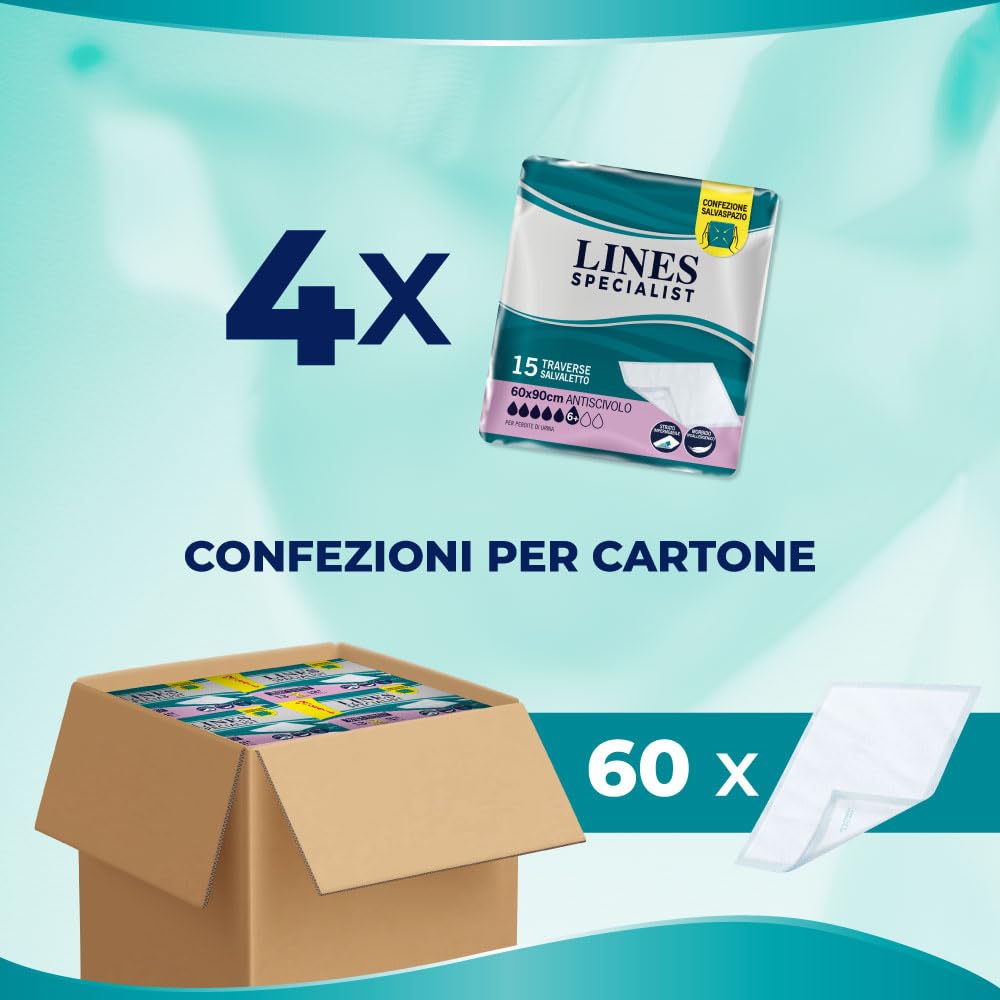 Lines Specialist Traversa 60x90, Traverse Salvaletto per Incontinenza Donna e Uomo, Strato Impermeabile e Antiscivolo, 4 Confezioni da 15 Unità