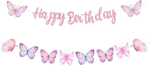 cobee Pack of 2 Happy Birthday Butterfly Decorative Garland | Butterfly Garland Birthday Decoration Girl Happy Birthday Pink Garlands Banner for Girls Women Adults